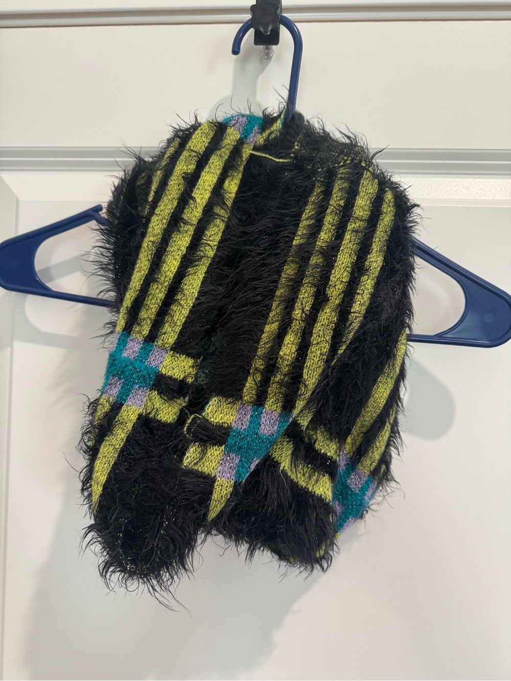 Source Unknown Black, Lime & Teal Fuzzy Knit Scarf